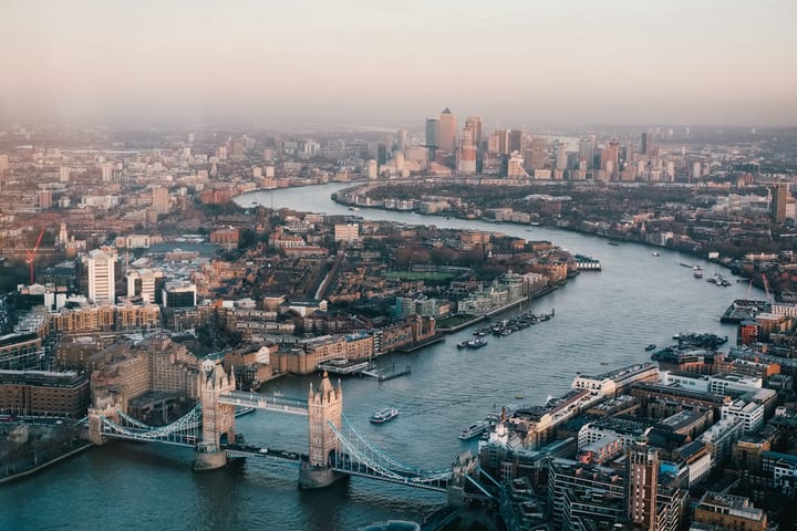London skyline at sunset with the Shard and Thames in view